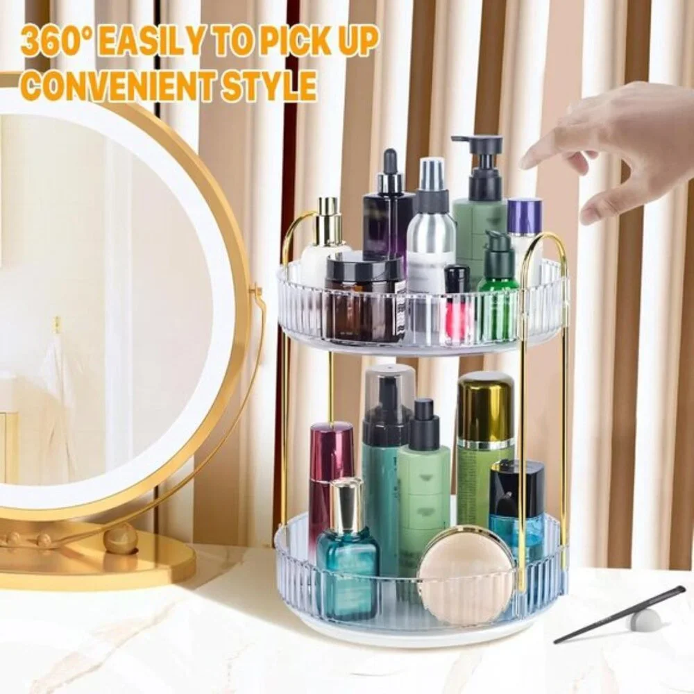 New 360° Spinning Makeup Organizer, 2-Tier Rotating Cosmetic Holder for Vanity